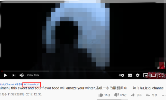 해당 유튜버는 여전히 태그명을 'ChineseFood'로 표기하고 있다. 출처-유튜브